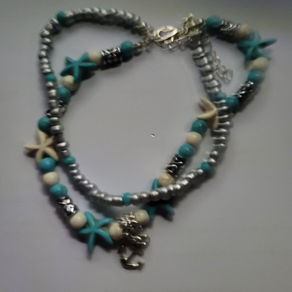 Aqua and Silver Beach Theme Anklet